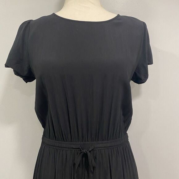 LOFT S Black Godet Flounce Ruffle Viscose Blouson Pleated Swing Dress Whimsigoth - Picture 15 of 16